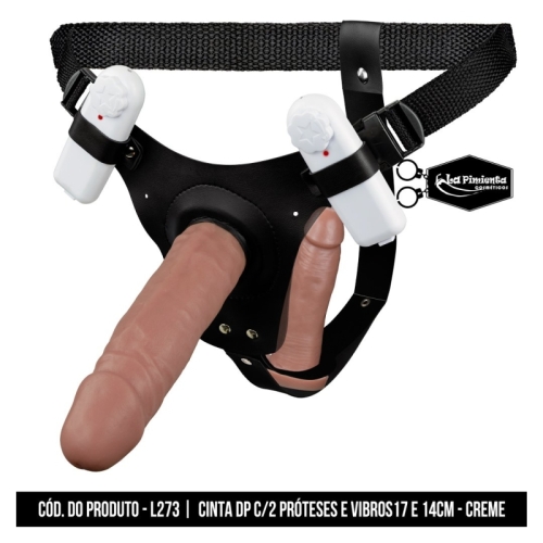 CINTA DP C/ 2 PRÓTESES E VIBRO DE 17 E 14cm – CREME